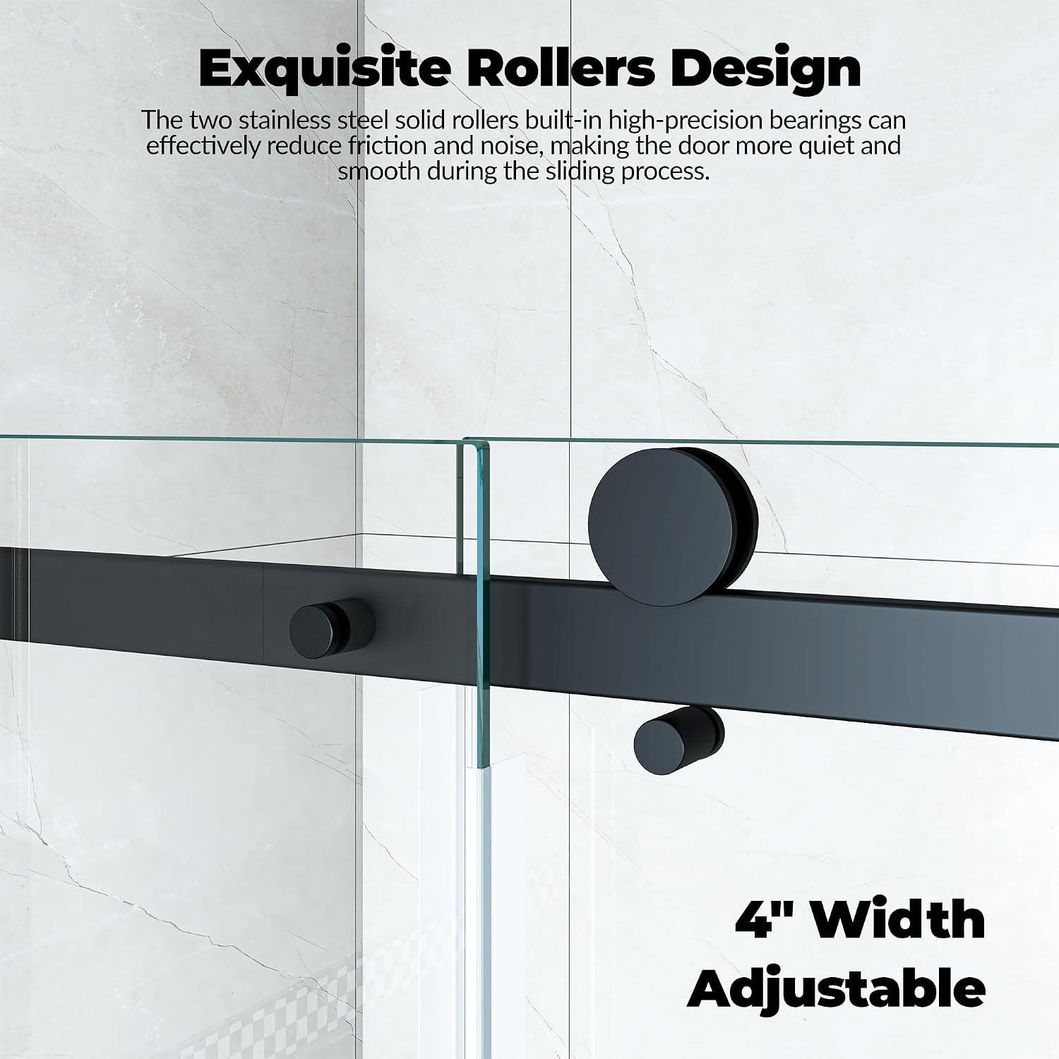 Frameless Sliding Glass Shower Door 44–48 Inch W x 76 Inch H, Shower Sliding Glass Door with Fixed Panel, 8mm Tempered Glass, Square Rail, Matte Black Shower Glass Door