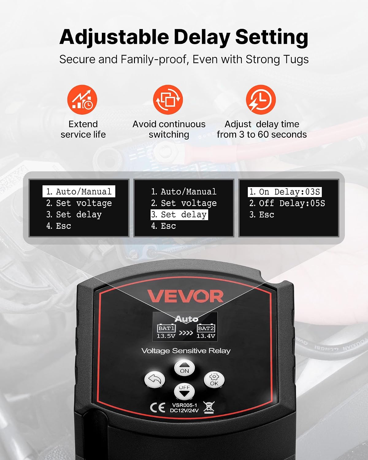 VEVOR Dual Battery Isolator Kit, 12V 300 Amp 20 ft 2AWG, Manual and Automatic VSR Voltage Sensitive Relay with Voltmeter, LCD Screen, Smart Battery Isolator, Compatible with Lithium Batteries, for UTV