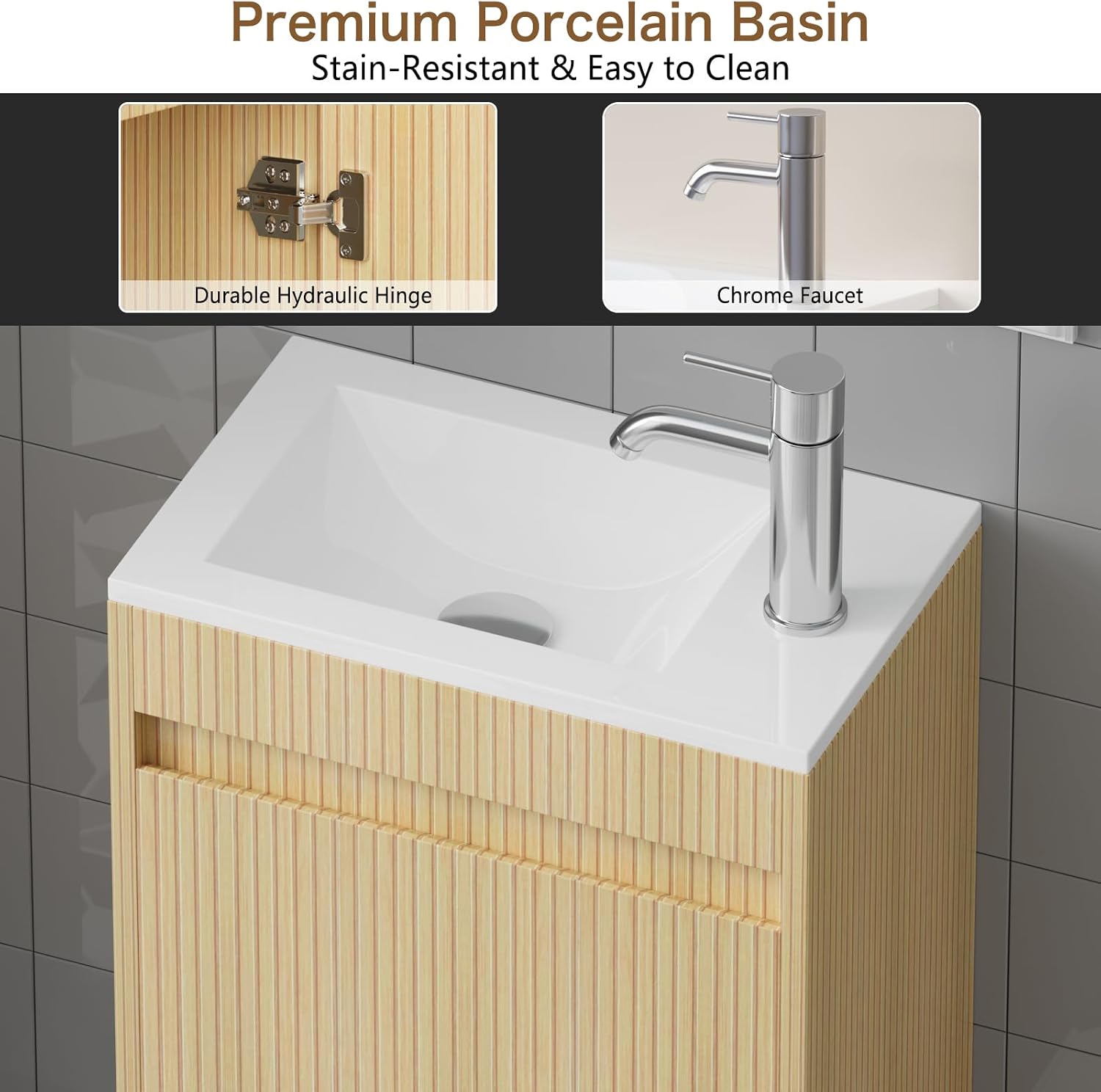 wonline 16' Small Floating Bathroom Vanity Sink Combo, Wall Mounted Narrow Single Cabinet with Resin Basin Sink Top, Water Saving Chrome Faucet & Pop-Up Drain