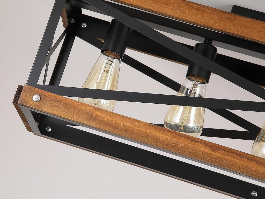 5-Light Large Rustic Farmhouse Wood Flush Mount Ceiling Light Fixture 31.5 inch Oak Wood and Metal Rectangular Track Semi Flush Mount Ceiling Light for Kitchen Living Room Bedroom Indoor, Black