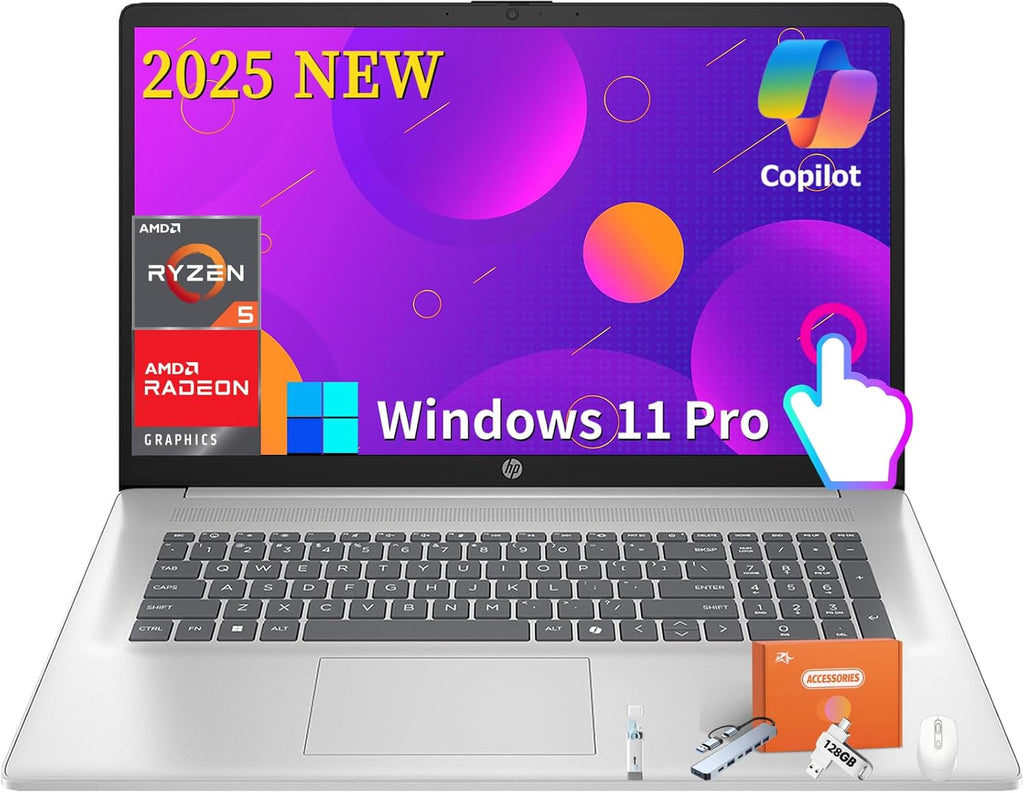 HP 2025 New 17 Inch Touchscreen Laptop,17.3' HD+ Anti Glare Display, AMD Ryzen 5 7430U, AMD Radeon Graphics, 64 GB RAM, 2 TB SSD, Copilot-AI, Wi-Fi 6, Windows 11 Pro, w/Accessories