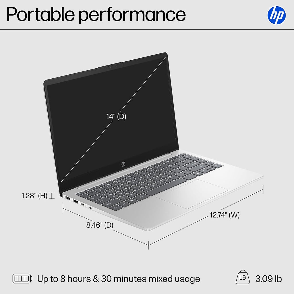HP 14 inch Laptop, HD Display, Intel Processor N200, 4 GB RAM, 128 GB UFS, Intel UHD Graphics, Windows 11 Home in S Mode, Natural Silver, 14-ep0500nr