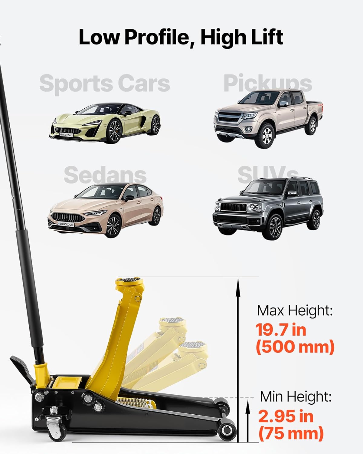 VEVOR Low Profile Floor Jack, 3 Ton (6614 lbs) Capacity, Steel Racing Floor Jack with Dual Pistons Quick Lift Pump & SUV Adapter, Hydraulic Trolley Car Lift for Sports Cars, Lifting Range 2.95'-19.7'