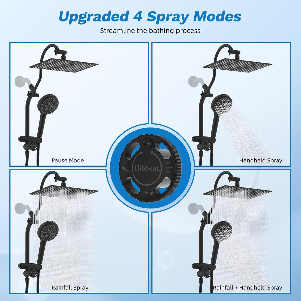 Hibbent cUPC Certified All Metal 12' Rainfall Showerhead Combo, High Pressure Shower Head with 10-Sprays Handheld, Innovative 4-way Diverter with Pause Mode, 71'' Shower Hose and Holder, Matte Black