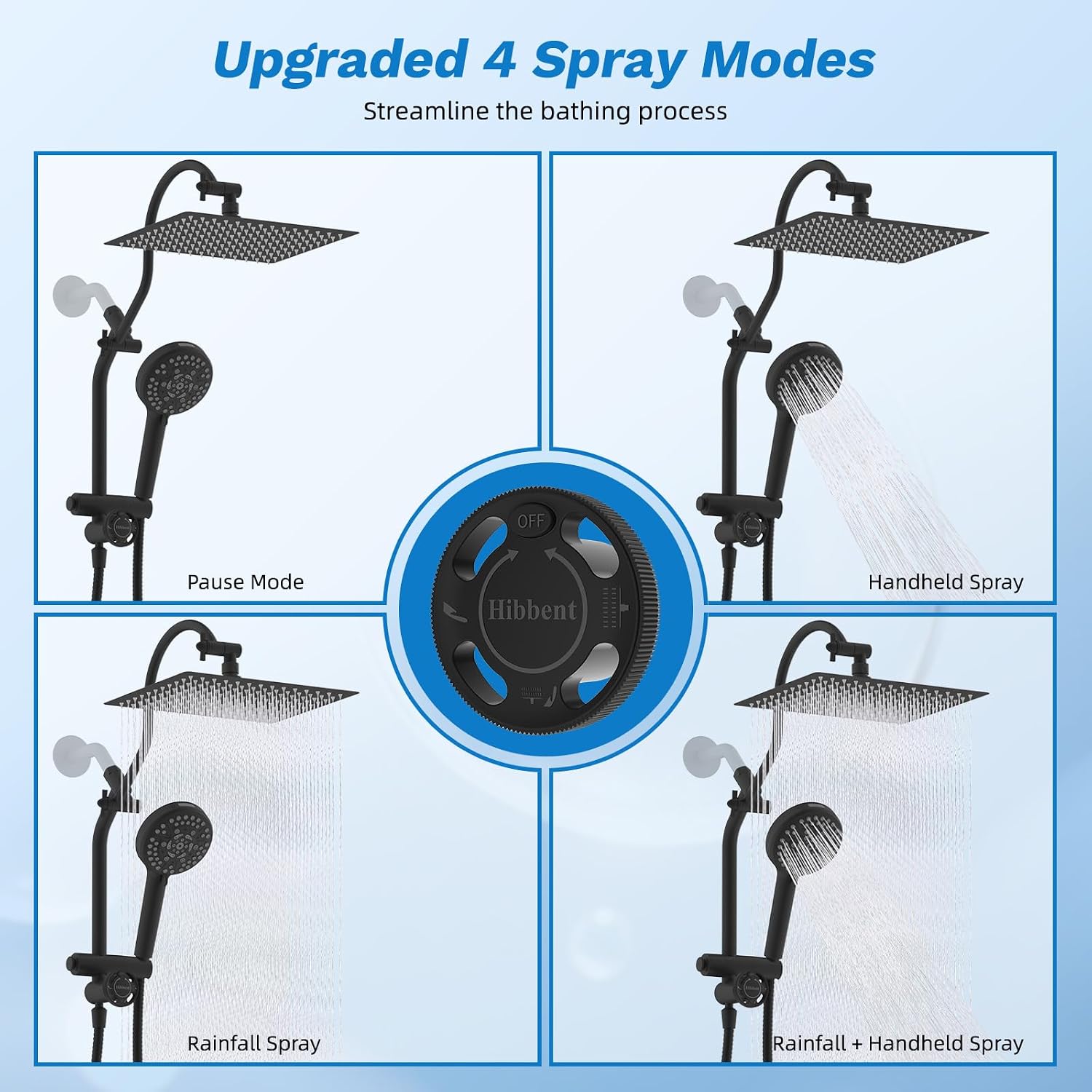 Hibbent cUPC Certified All Metal 12' Rainfall Showerhead Combo, High Pressure Shower Head with 10-Sprays Handheld, Innovative 4-way Diverter with Pause Mode, 71'' Shower Hose and Holder, Matte Black