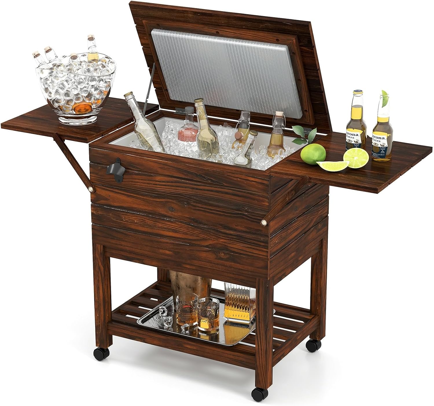 Moccha 54-Quart Rolling Cooler Cart - Wooden Rolling Ice Chest Cooler Cart w/ 2 Drop Leaf Tables, Bottle Opener, Pine Wood Outdoor Beverage Cooler, Patio Cooler on Wheels for Parties Yard Pool Deck