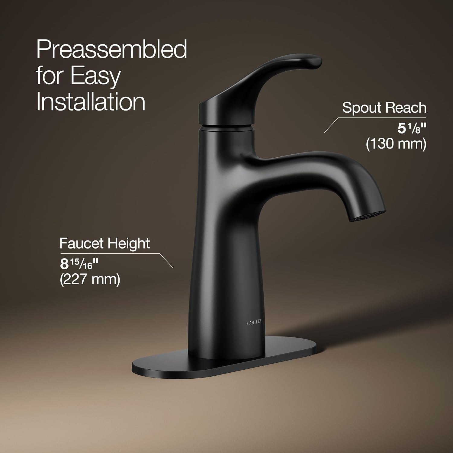 KOHLER K-27389-4-BL Simplice® Single-Handle Bathroom Sink Faucet, 1-Hole, Single-Handle Bathroom Faucets with Clicker Drain, 1.2 GPM, Matte Black