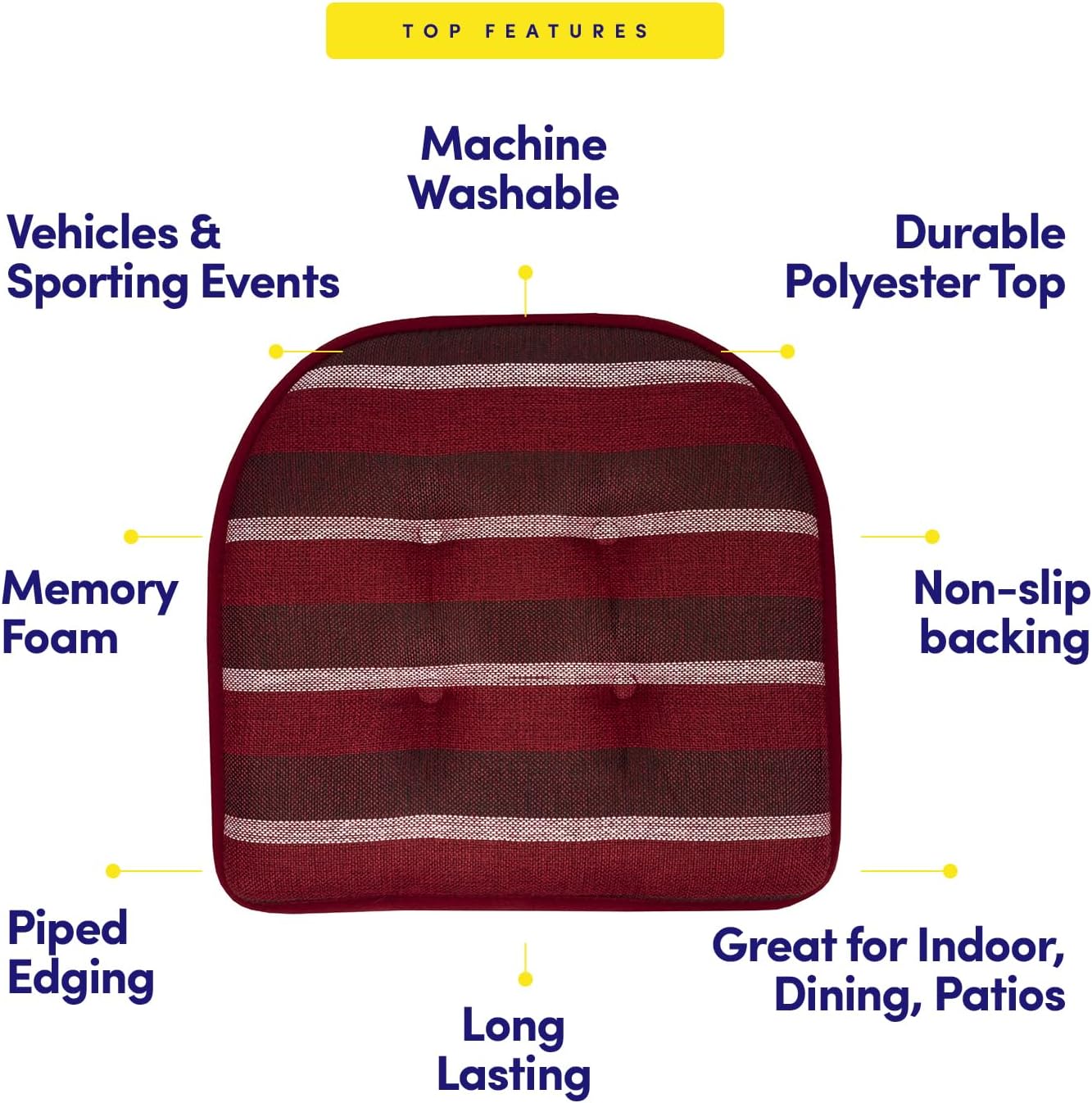 Sweet Home Collection Chair Cushion Memory Foam Pads Tufted Slip Non Skid Rubber Back U-Shaped 17' x 16' Seat Cover, 12 Count (Pack of 1), Bradford Burgundy
