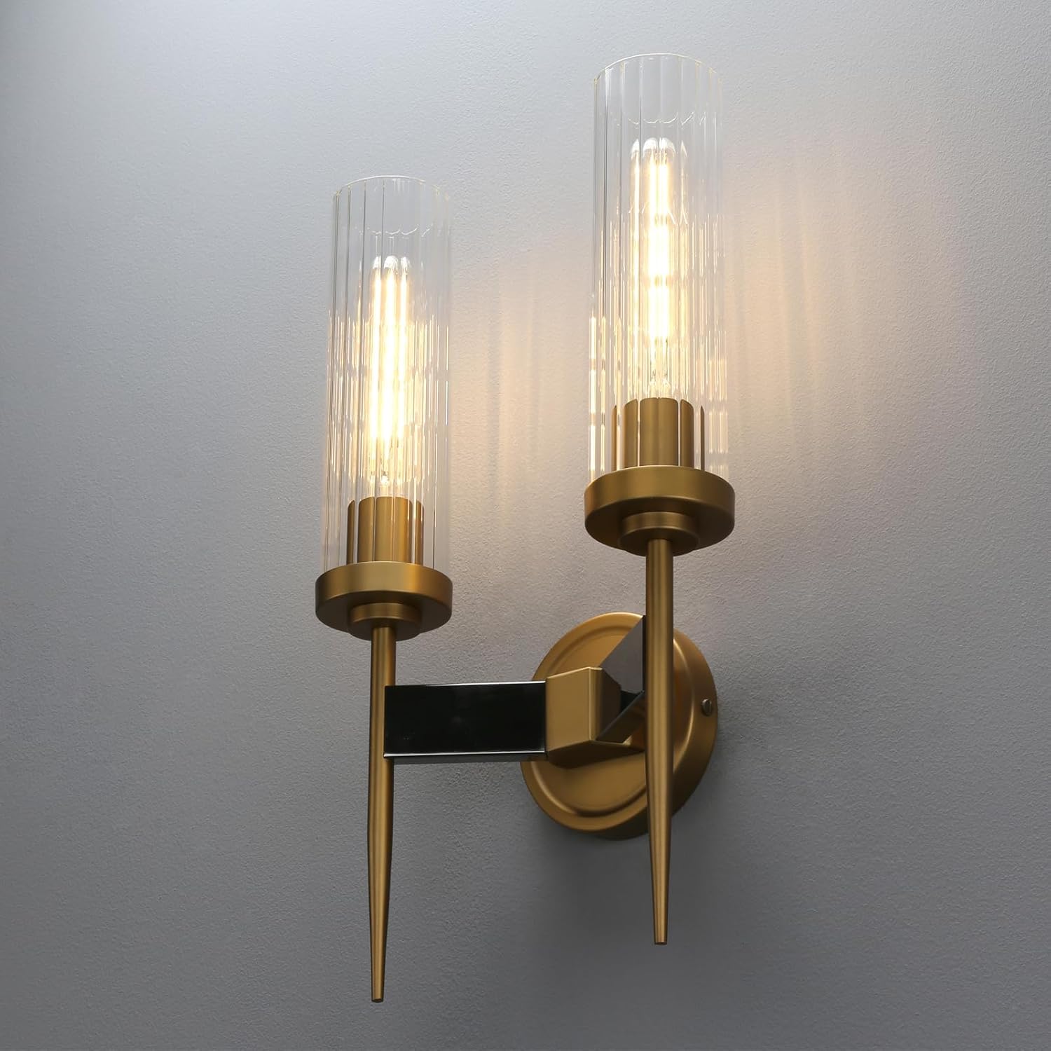 PERMO wall sconces 2 Lights Glod Wall Light Fixtures with 2.8' Cylindrical Clear Glass Shade Brass Double sconces for Living Room Bathroom Corridor Mirror Bedroom