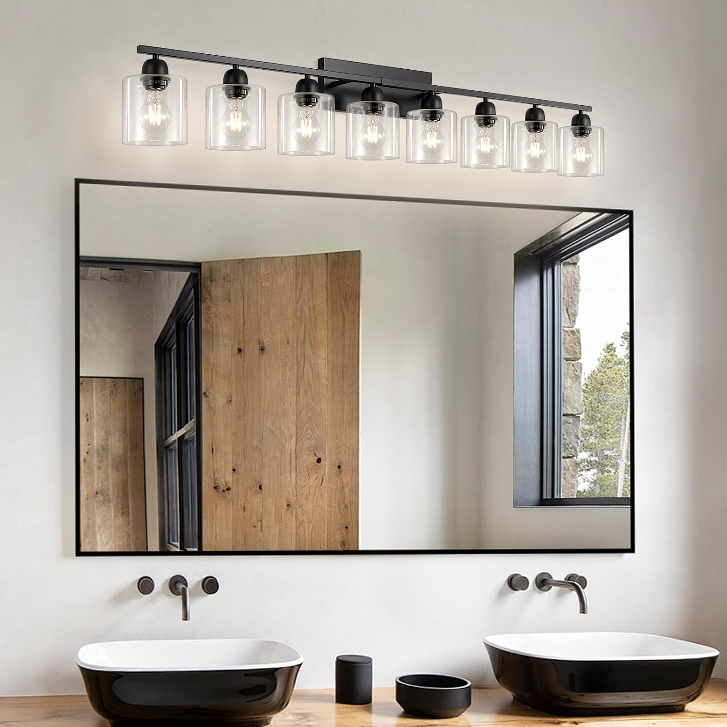 Bath Vanity Lights for Mirror, Restroom Lights Fixtures with Milky White Frosted Glass Shades,Bathroom Over Sink Light Fixtures (Black & Clear Glass, 8-Light)