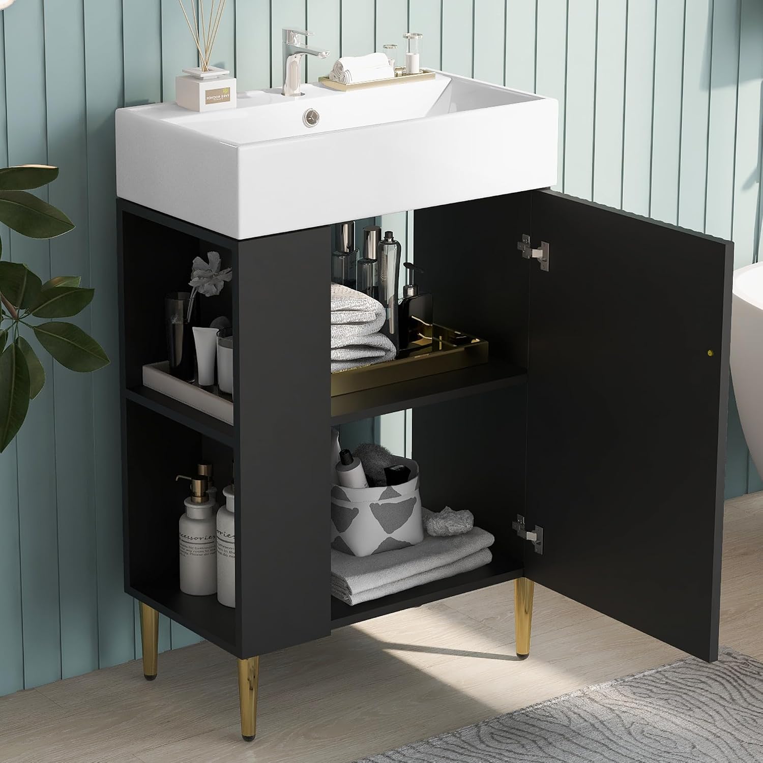 21.6-Inch Bathroom Vanity with Sink, Free Standing Vanity Cabinet with Storage Cabinet & Left Two-Tier Shelf, Solid Wood Bath Vanity Organizer with Ceramic Sink for Bathroom, Black