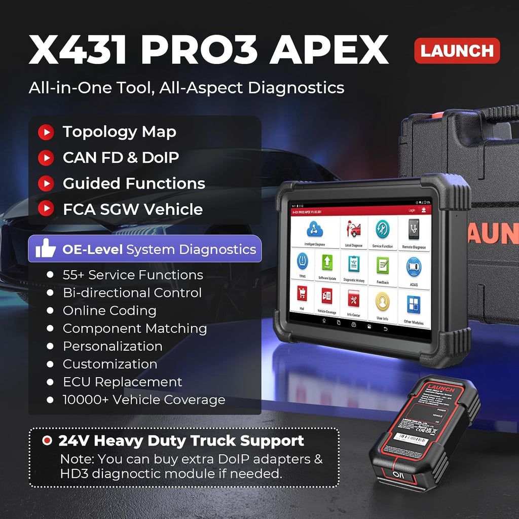 LAUNCH X431 Scanner PRO3 APEX Bidirectional Scan Tool 2026 Upgraded, OEM Topology Map, Online Coding, HD Truck, 55+ Services All-System car Diagnostics Tool,10.1 Inch, CAN FD & DoIP, FCA & Renault SGW