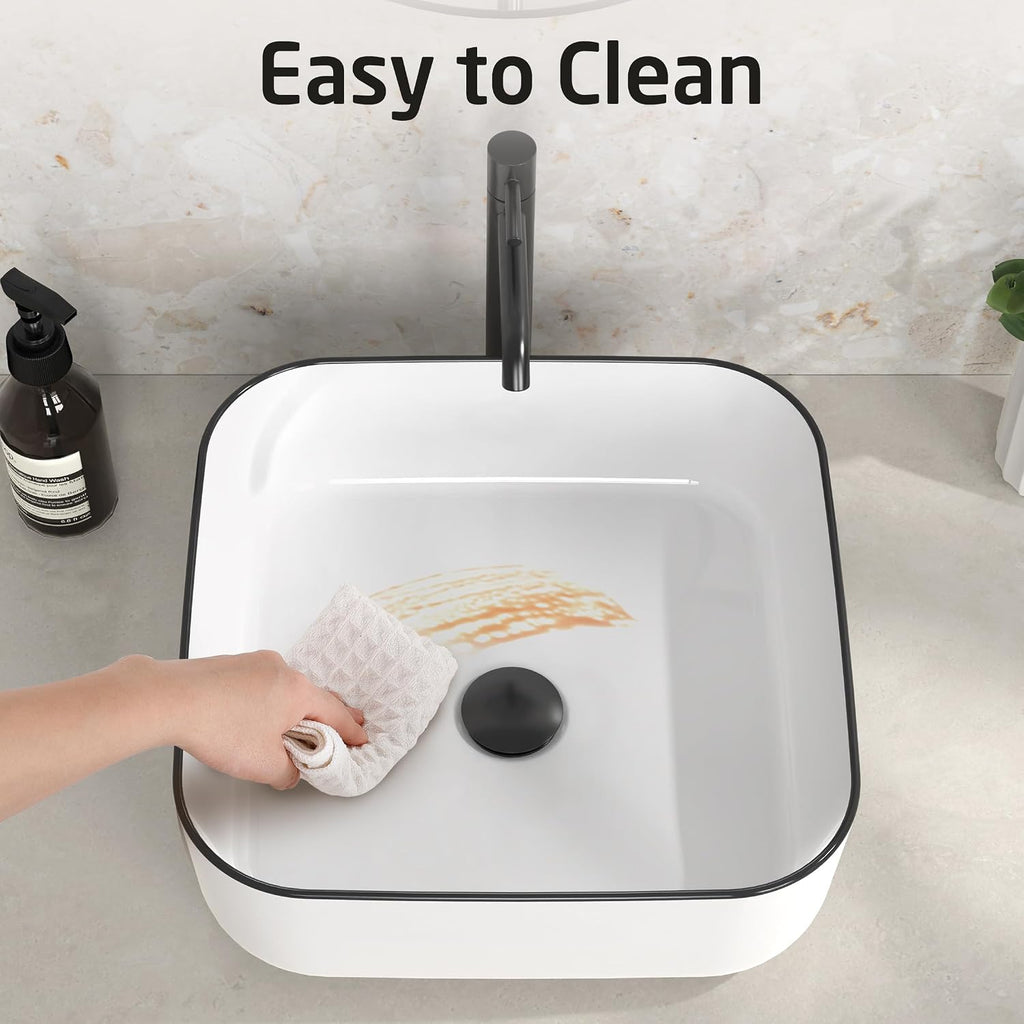 Countertop Bathroom Vessel Sink Black Trim Design 15 Inch Square, White Vessel Sink for Bathroom, Modern Ceramic Above Counter Bathroom Vanity Sink, Porcelain, CBS136
