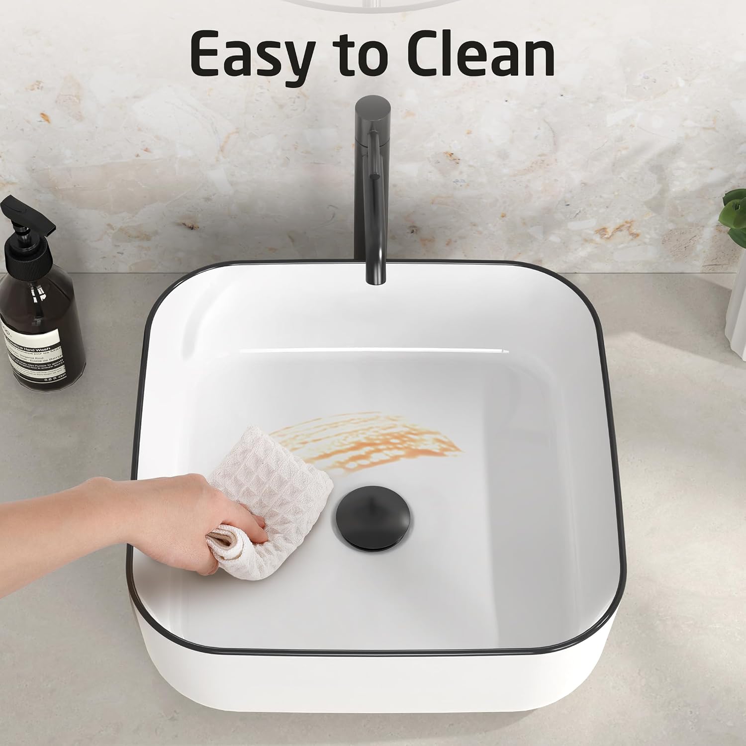 Countertop Bathroom Vessel Sink Black Trim Design 15 Inch Square, White Vessel Sink for Bathroom, Modern Ceramic Above Counter Bathroom Vanity Sink, Porcelain, CBS136