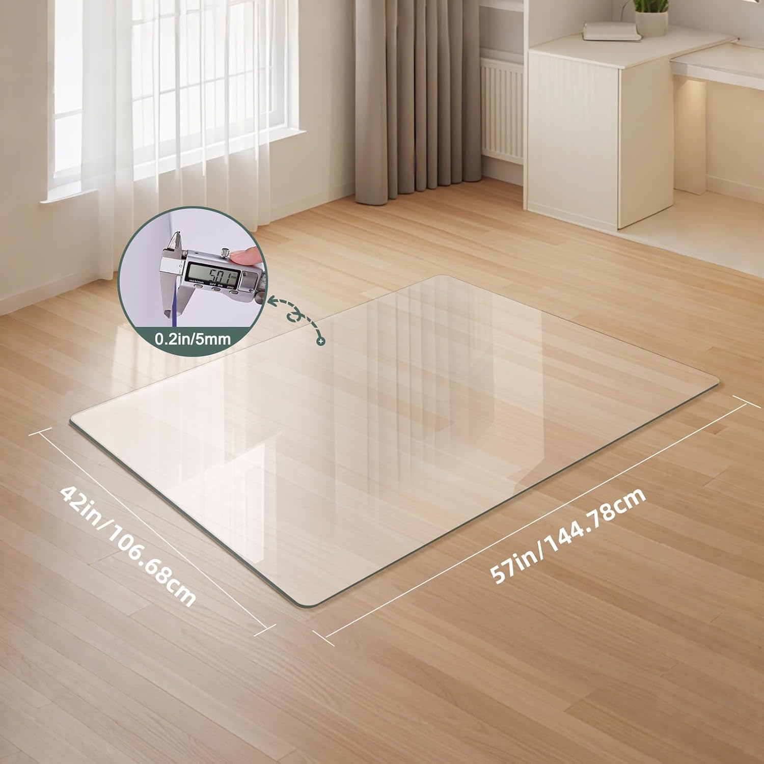 [Tempered Glass] Glass Office Chair Mat for Carpet Heavy 57' x 42'-1/5' Thick Premium Tempered Glass Duty Hard Glass Chair Mats -for Office Chair on Carpet or Hard Floor with 4 Anti-Slip Pads