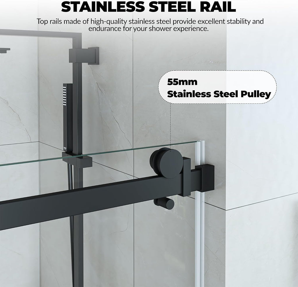 Frameless Sliding Glass Shower Door 44–48 Inch W x 76 Inch H, Shower Sliding Glass Door with Fixed Panel, 8mm Tempered Glass, Square Rail, Matte Black Shower Glass Door