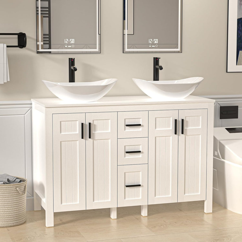 UEV 30' Bathroom Vanity with Sink Combo,Modern Freestanding Sink Cabinet with 3 Drawers,Stylish Bathroom Vanity Cabinet,Grooved Door,Metal Handles,Vessel Sink (Arch Rectangle, 48''White)