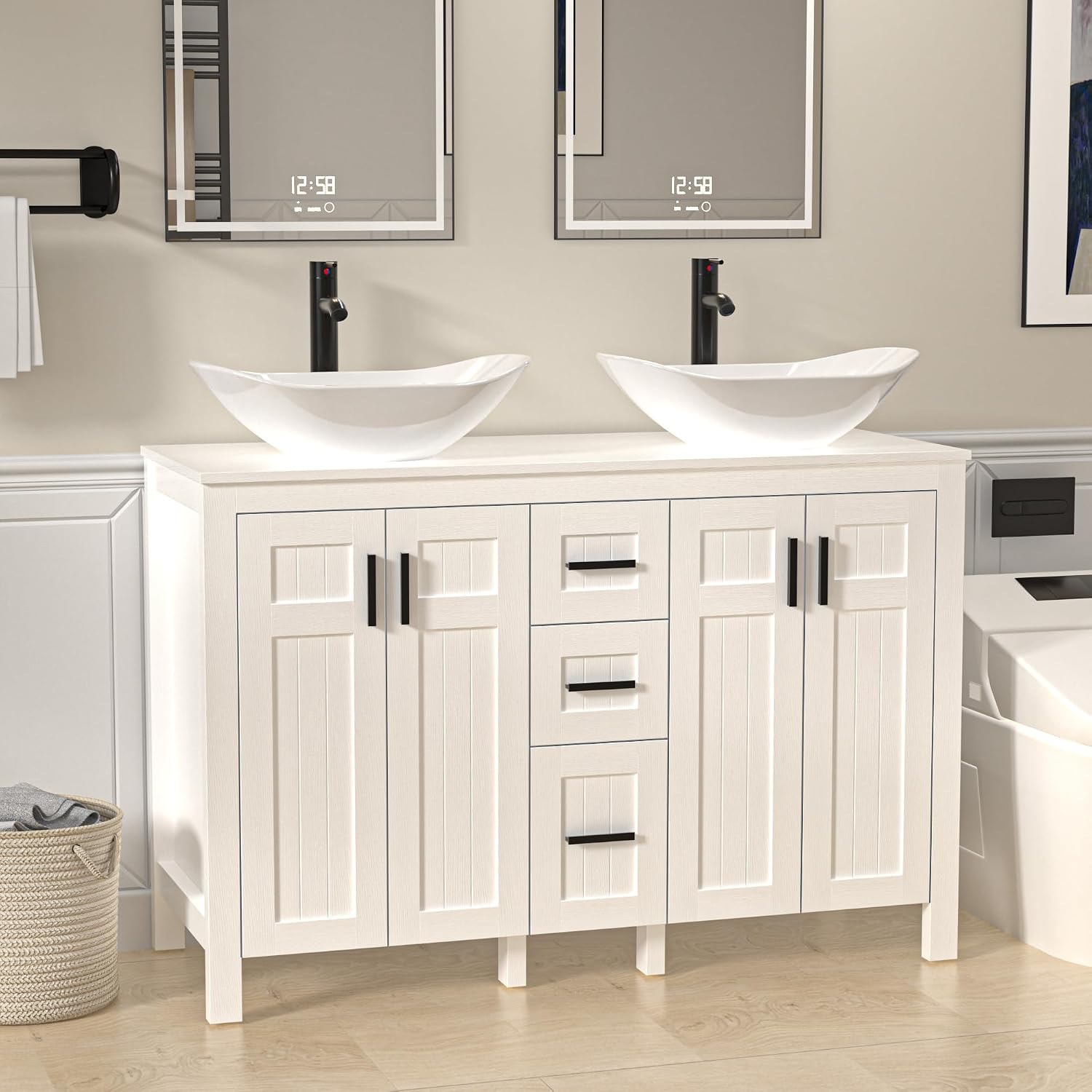 UEV 30' Bathroom Vanity with Sink Combo,Modern Freestanding Sink Cabinet with 3 Drawers,Stylish Bathroom Vanity Cabinet,Grooved Door,Metal Handles,Vessel Sink (Arch Rectangle, 48''White)