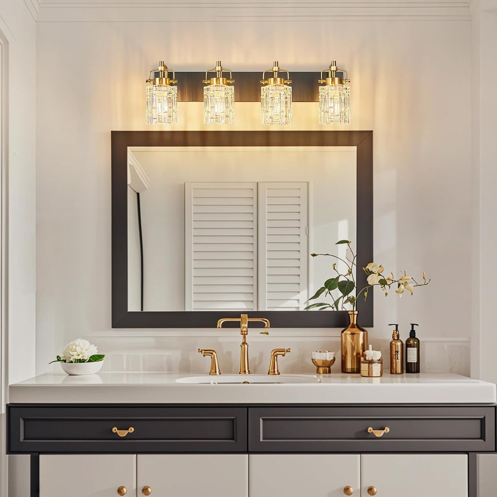 4 Light Crystal Glass Vanity Light, Black Gold Bathroom Lighting Fixtures Over Mirror Modern Bath Wall Sconce Lighting for Bedroom Living Room