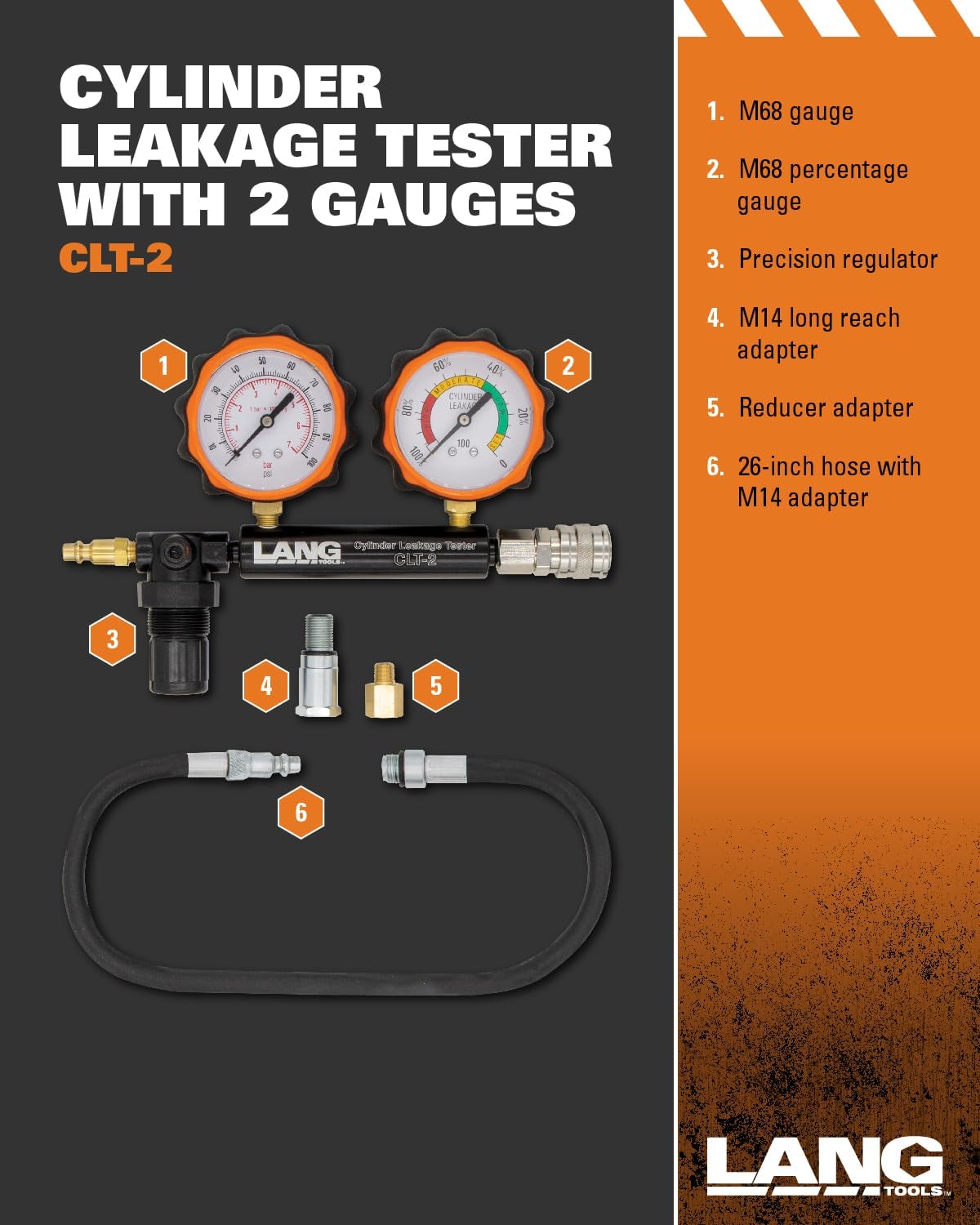 Lang Tools CLT-2 100 PSI Cylinder Leakage Tester with 2 Gauges, One Size