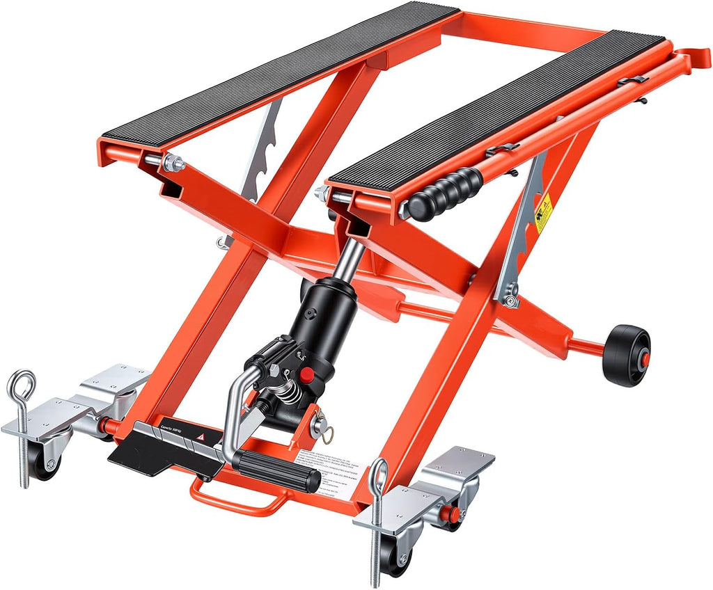 VEVOR Hydraulic Motorcycle Lift Jack, 1100 lbs Capacity, Scissor Lift Jack Portable Motorcycle Hoist Stand with 6 Wheels, 4.72'-15.15' Height Range, Hydraulic Foot-Operated Hoist Stand for Dirt Bikes