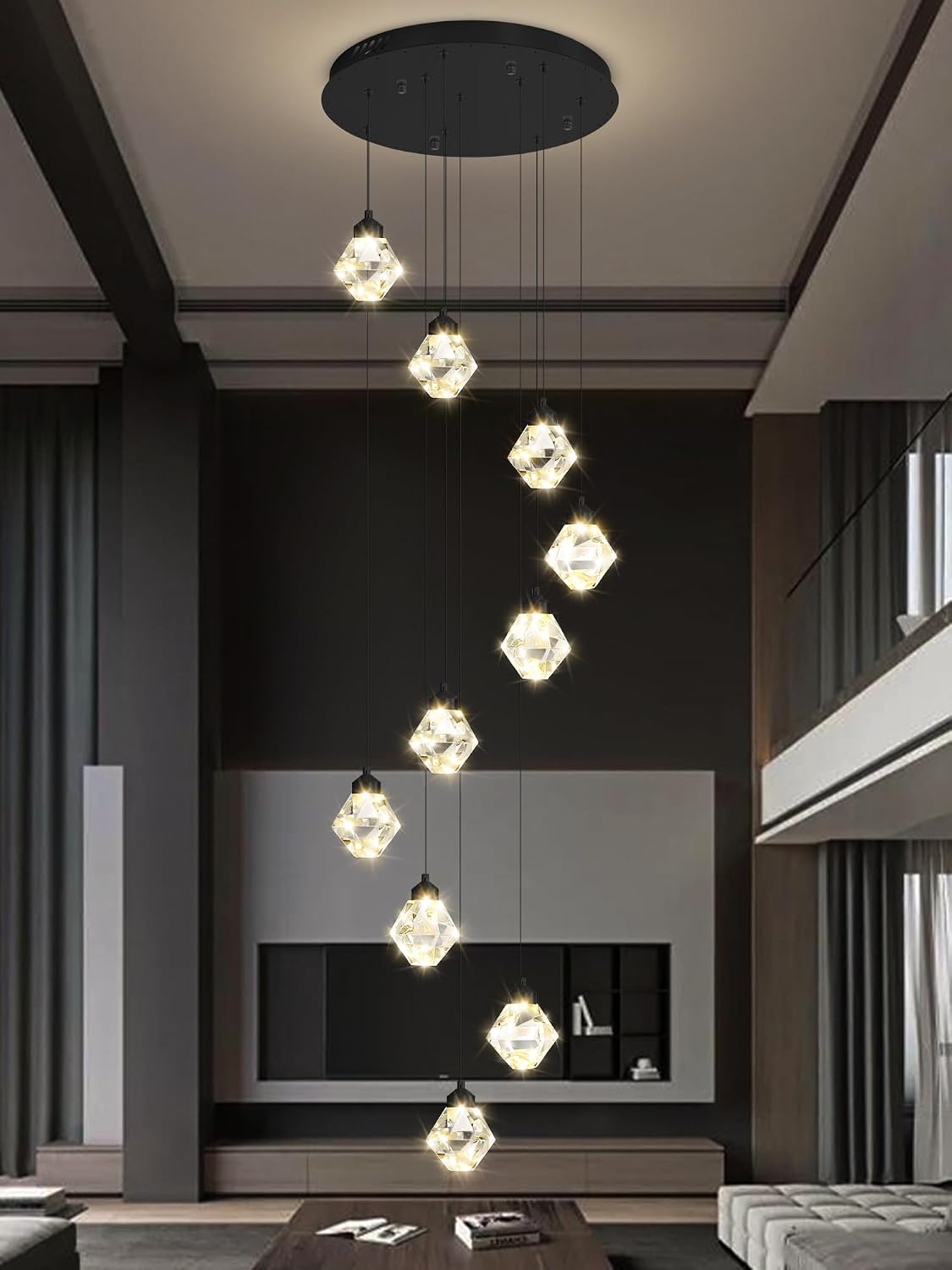 10-Light Chandelier Staircase Chandeliers for High Ceilings Crystal Chandeliers for Living Room Black Pendant Light Dimmable LED Hanging Light with Remote