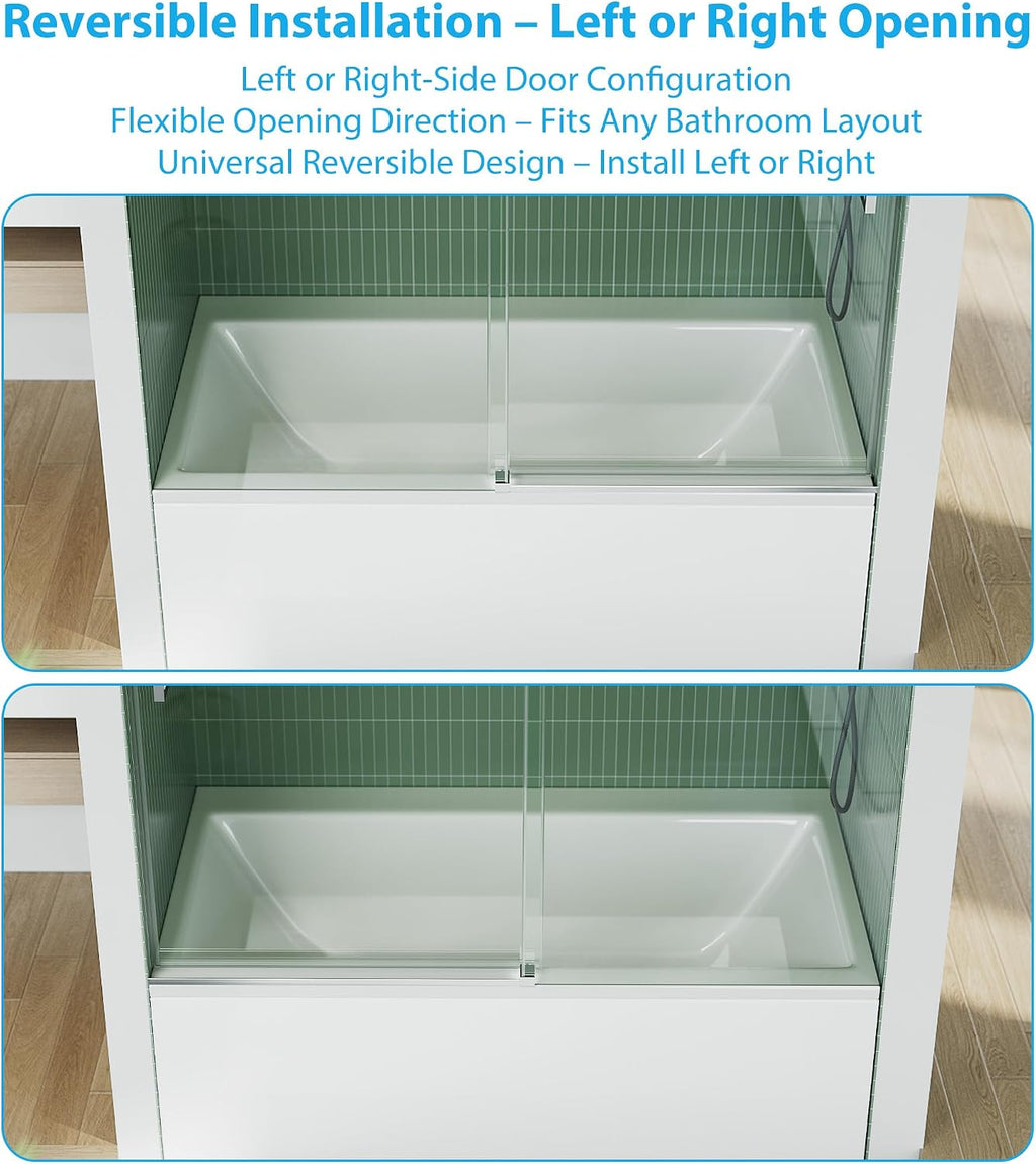Frameless Bathtub Shower Door, 56–60 inch W x 59 inch H Sliding Tub Door, 6mm Tempered Glass, Stainless Steel Round Rail & 55 Rollers, One Fixed and One Sliding Panel,Brushed Sliver