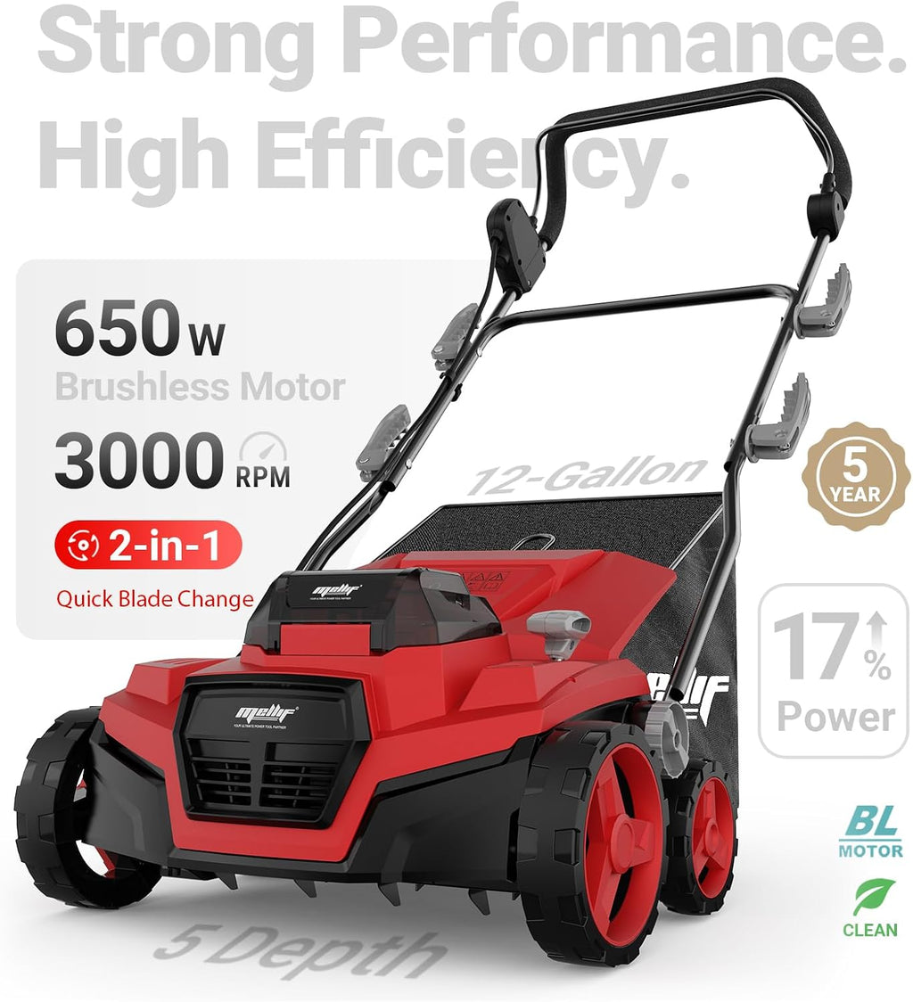 36V 15' Brushless Cordless Electric Dethatcher and Scarifier Compatible with Milwaukee 18V Battery(Tool Only), w/12Gal Thatch Collection Bag, 5-Depth Adjustment, Quick-Fold, Walk Behind for Lawn Care