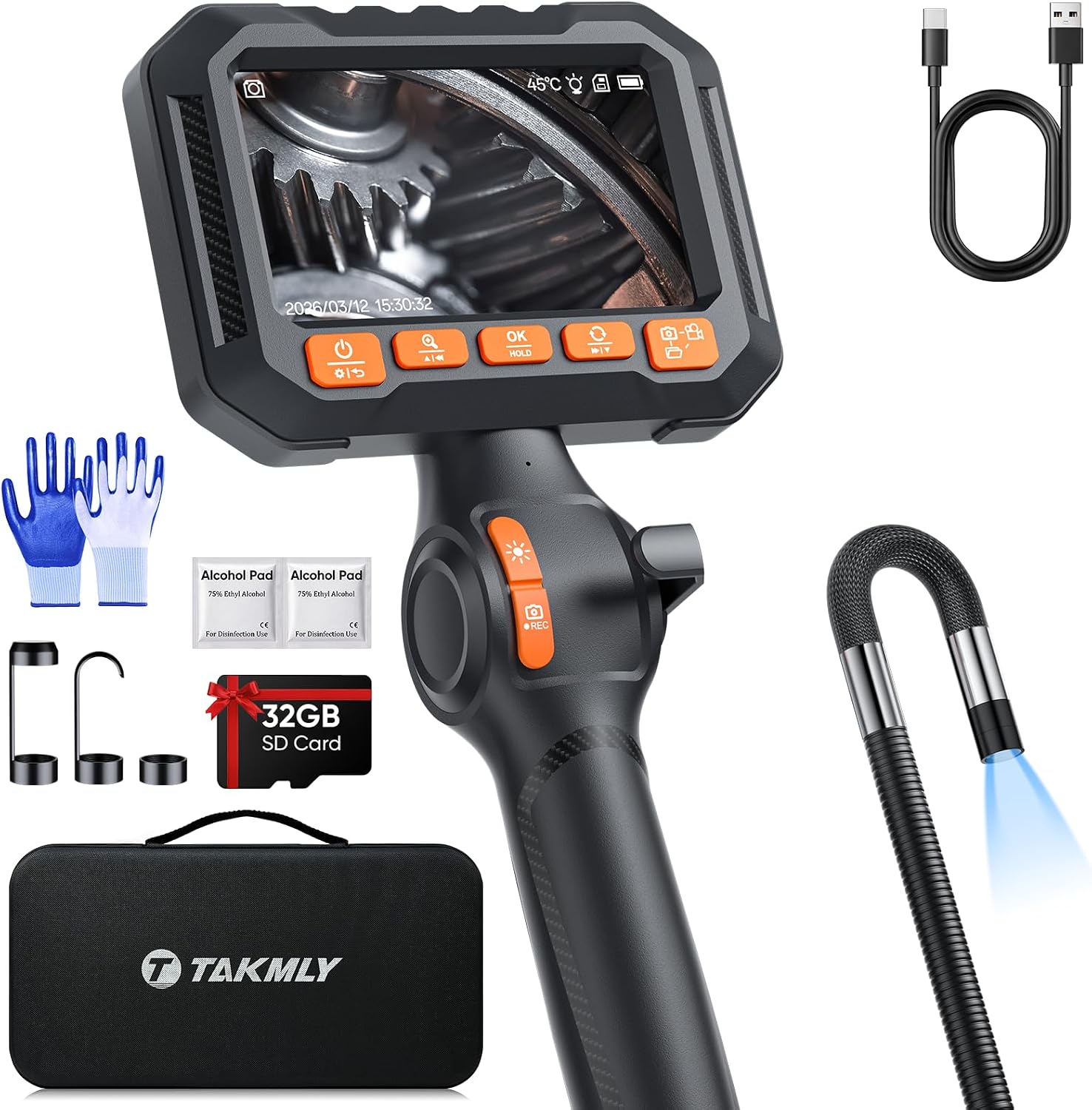 T Takmly Two-Way Articulating Borescope with Light, 210° Steerable 1080P Endoscope Camera, 0.33inch Semi-Rigid Snake Scope, 4.3' IPS Screen, 32GB, 5.5FT for Automotive Engine HVAC Wall Mechanics
