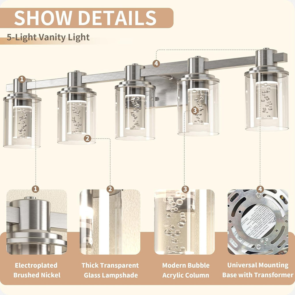 Quntis Brush Nickle Bathroom Lighting Fixtures with 5 Color Mode, 5-Light Dimmable Modern Bathroom Vanity Light Over Mirror, 35 Watt Eye Protection LED Wall Lamp 33 Inch (UL Certified, Bulbs Included)