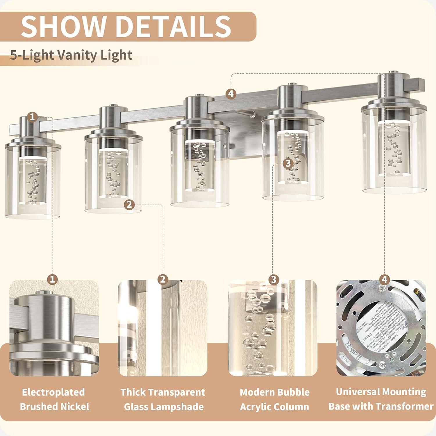 Quntis Brush Nickle Bathroom Lighting Fixtures with 5 Color Mode, 5-Light Dimmable Modern Bathroom Vanity Light Over Mirror, 35 Watt Eye Protection LED Wall Lamp 33 Inch (UL Certified, Bulbs Included)