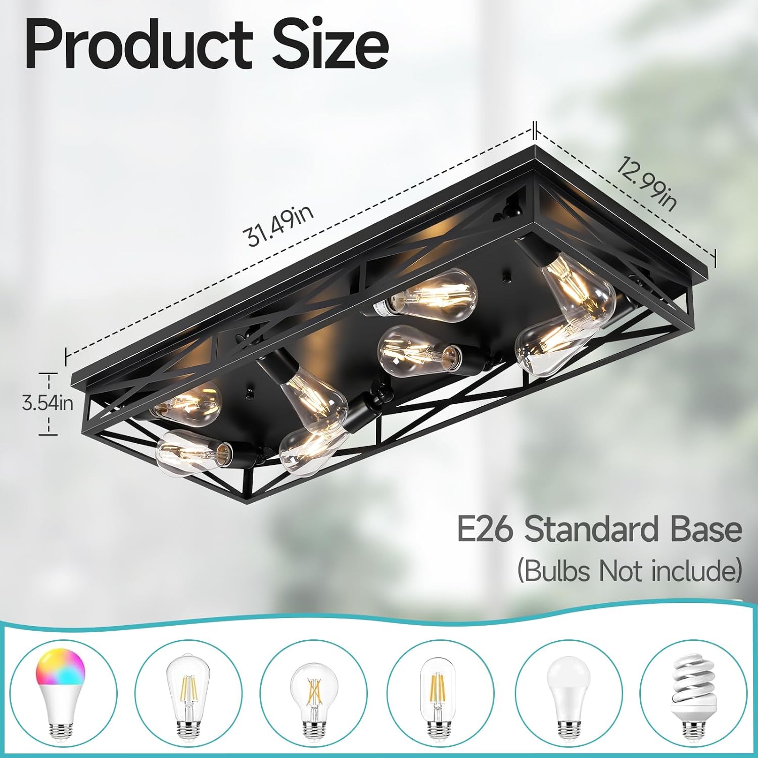 8-Light Large Flush Mount Ceiling Light Fixture, 31' Black Hallway Light, Metal Cage Closed to Ceiling Mounted Lights, Farmhouse Flush Mount Light Fixture for Bedroom Kitchen Hallway Entryway