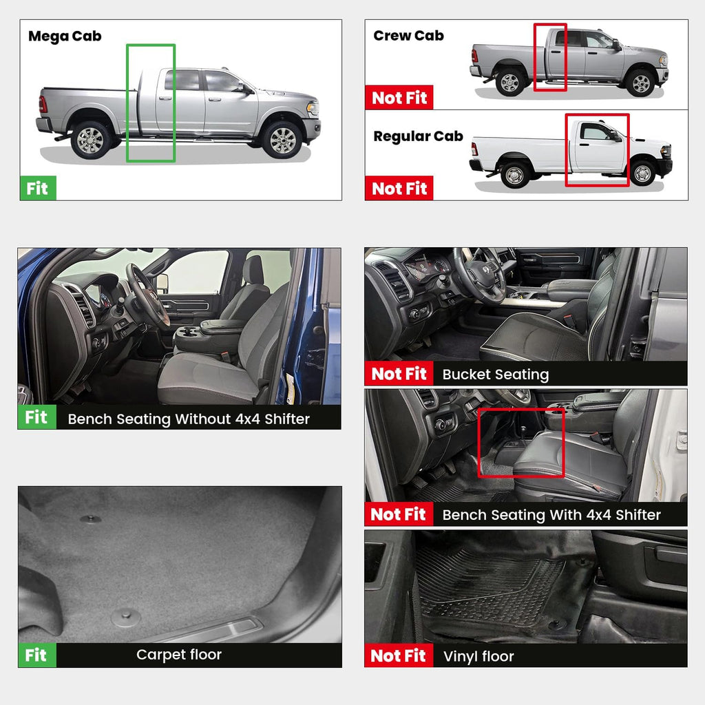 LASFIT Floor Mats 2019-2025 2026 for Ram 2500/3500 Mega Cab Bench Seat, Not for Bucket Seat or Model with PTO KIT or 4X4 Shifter, All Weather TPE Custom Fit Car Mats Floor Liners 1st & 2nd Row, Black