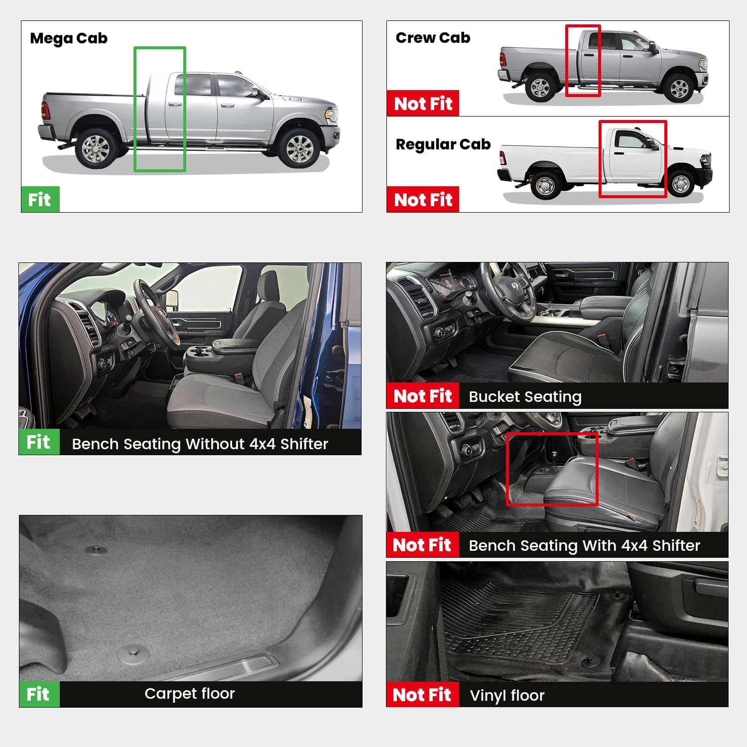 LASFIT Floor Mats 2019-2025 2026 for Ram 2500/3500 Mega Cab Bench Seat, Not for Bucket Seat or Model with PTO KIT or 4X4 Shifter, All Weather TPE Custom Fit Car Mats Floor Liners 1st & 2nd Row, Black