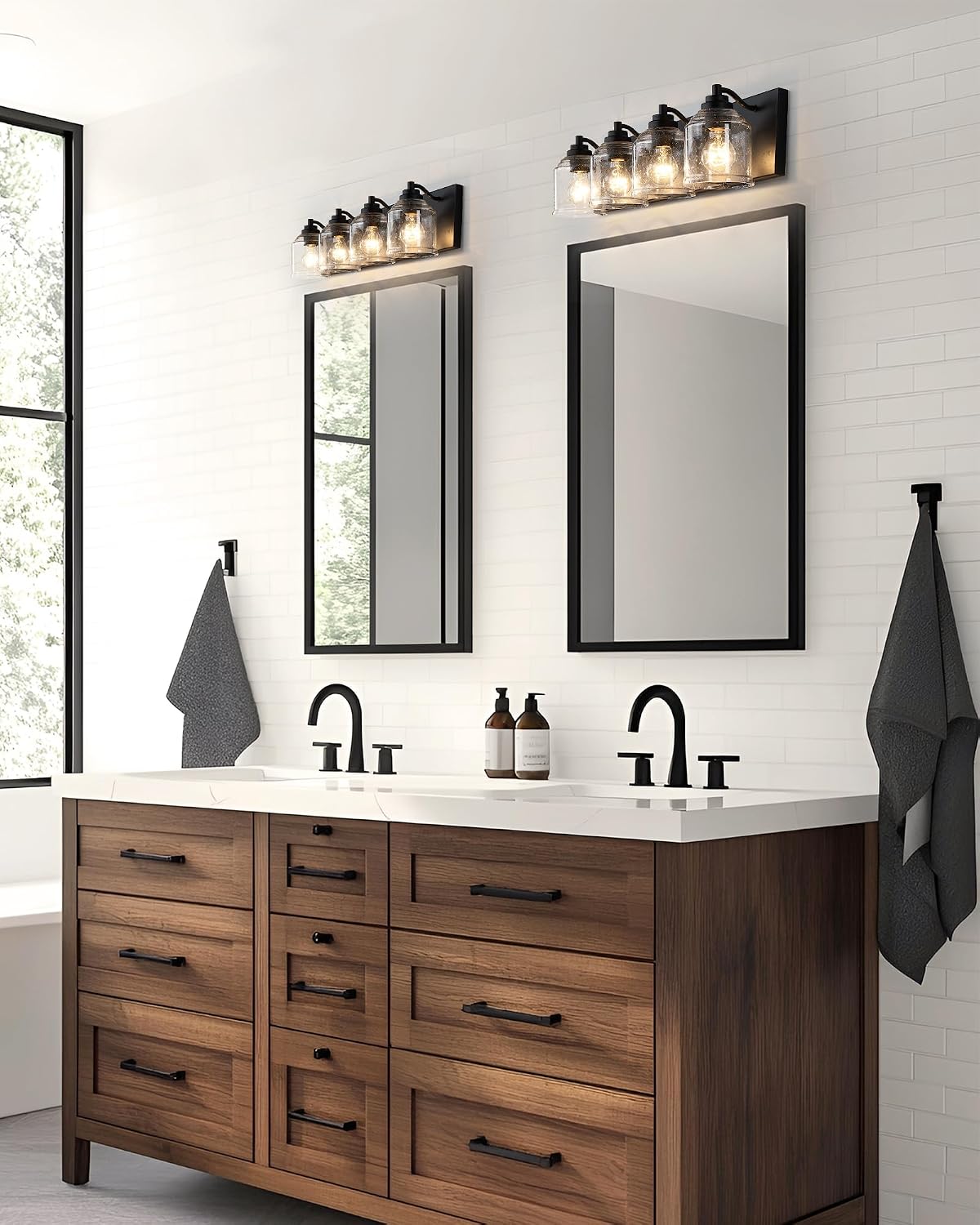 Vanity Lights for Bathroom Large 31.5', Farmhouse Rustic Vanity Light with Bubble Glass Shades, Black 4 Light Bathroom Lighting Fixtures Over Mirror, Bath Wall Sconce Home Decor