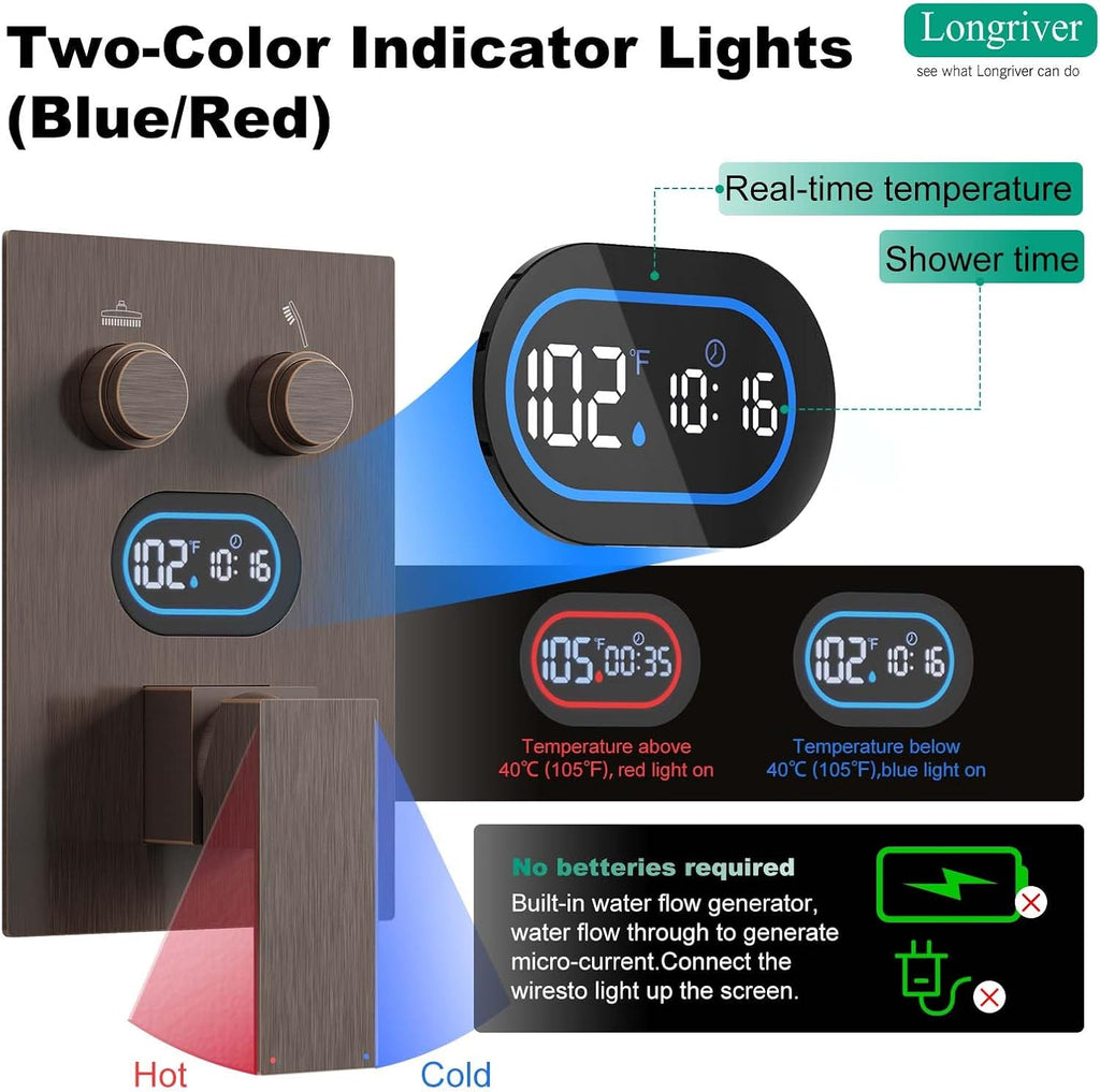 Push Button Diverter Shower Faucet Set Hydro Power Temperature Display, Shower System 10 Inches Shower Head with Handheld Spray, Wall Mounted Shower Fixtures with Valve and Trim Kit, Oil Rubbed Bronze