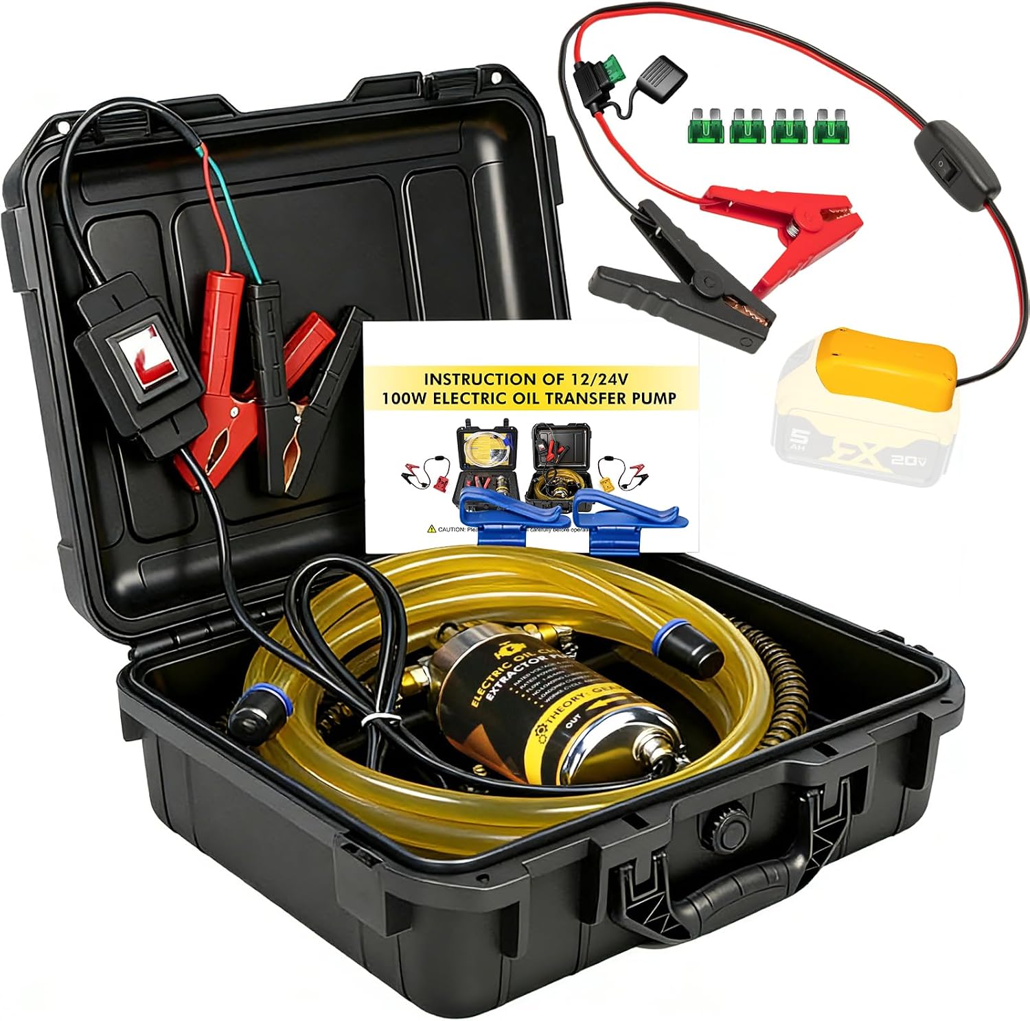 12V/24V 100W Oil Change Pump Set, Fast 1-4L/min Flow Oil Transfer Pump with Yellow Battery Adapter Compatible with DEWALT 20V/18V Battery, Fluid Transfer for Trucks, Boats, Lawnmowers
