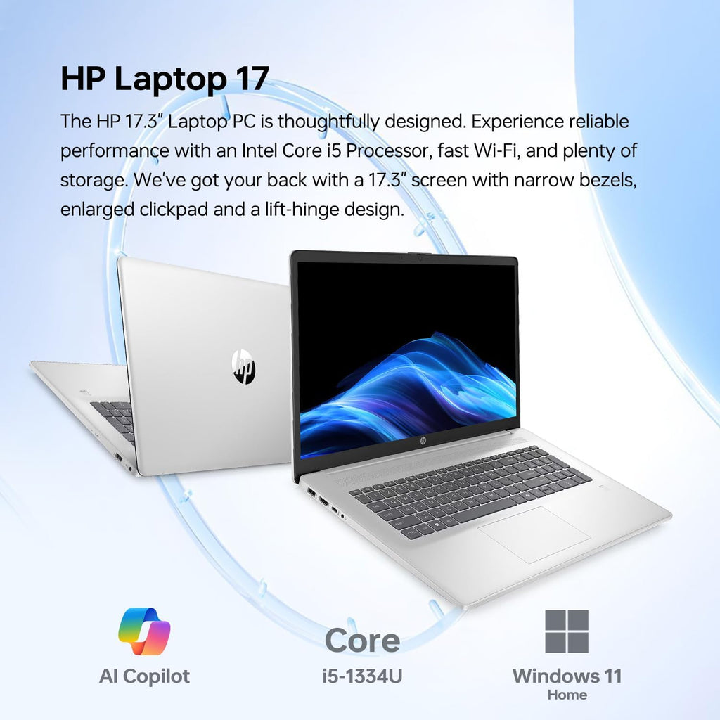 HP Essential 17 Laptop AI PC, 17.3' Touchscreen, Intel Core i5-1334U (10 Cores, up to 4.6GHz Max Turbo), 16GB RAM, 1TB SSD, Backlit Keyboard, Fingerprint Reader, Wi-Fi 6, Windows 11 Home, Silver