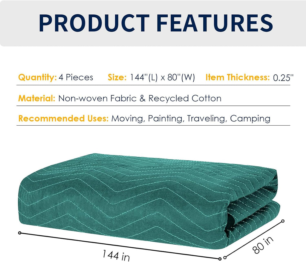 Moving Blankets 4 Pack, Double Extra Large 144'x80' Heavy Duty Quilted Packing Blankets for Moving, Shipping & Storage, Professional Furniture Pads -Green & Gray
