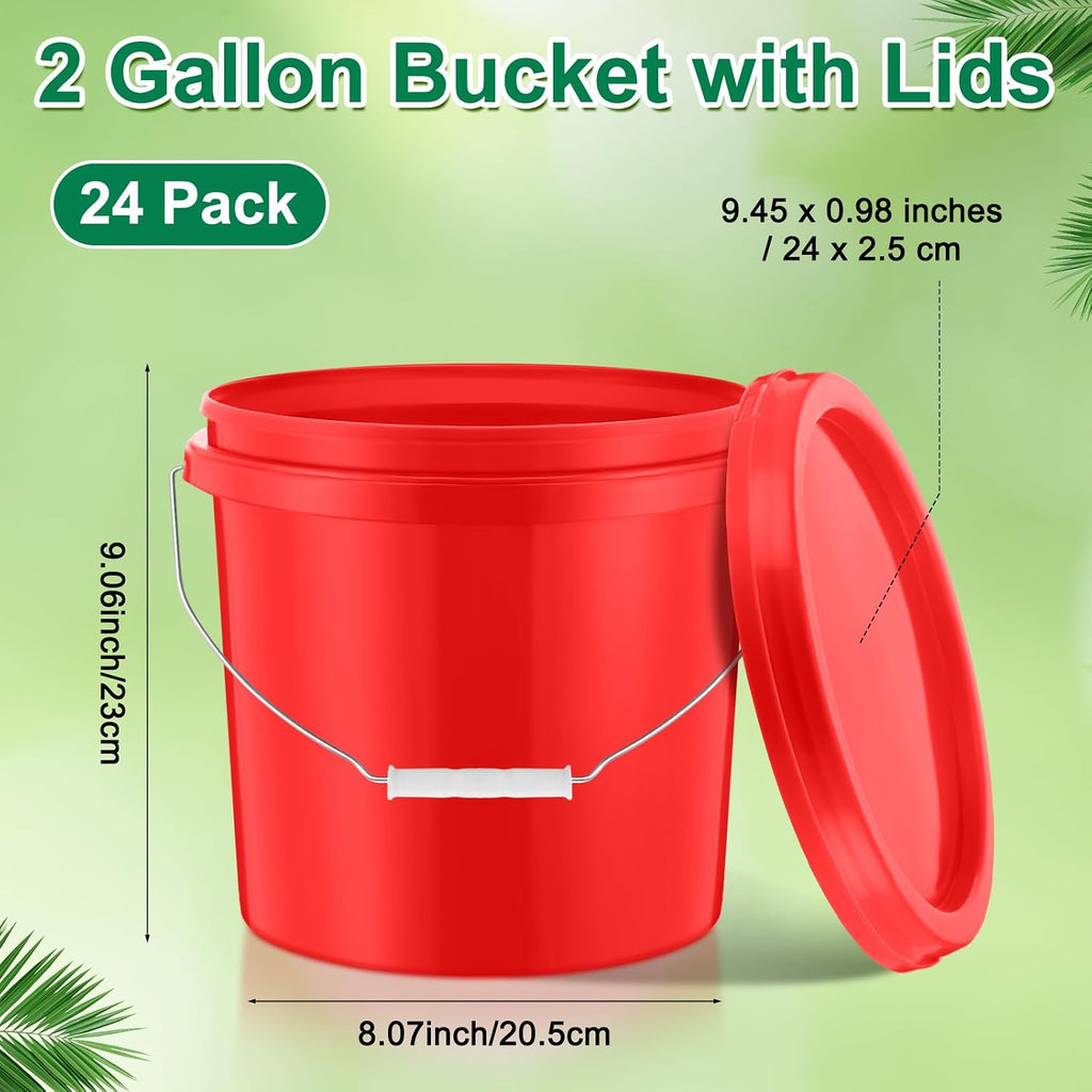 Tioncy 24 Pcs 2 Gallon Plastic Bucket with Lid Heavy Duty 2 Gallon Bucket Pail with Lid Handle for Storage Container Home Household Cleaning (Red)