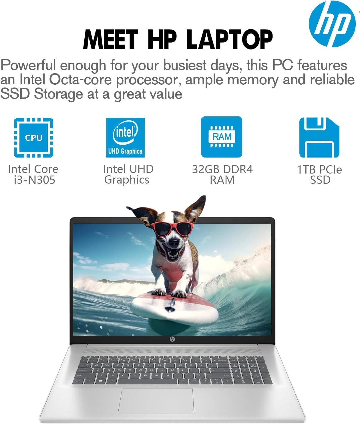 HP 17.3 Inch Laptop Computer, 17 IPS FHD Business Laptop PC, Intel 8-Core i3, 32GB RAM, 1TB SSD, Windows 11 Pro Laptop, USB-C, HDMI, Full-Size Keyboard, Camera