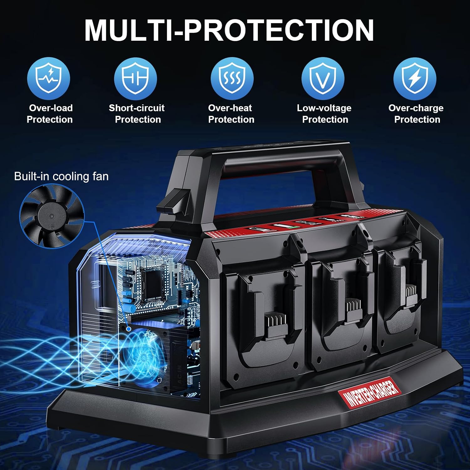 1200W Power Inverter & 6A Rapid Charger for Milwaukee 18V Battery 6-Port DC to AC 110V Converter, 12V Car Socket,3 USB-A/C, LED Light for Camping, Travel, Emergencies