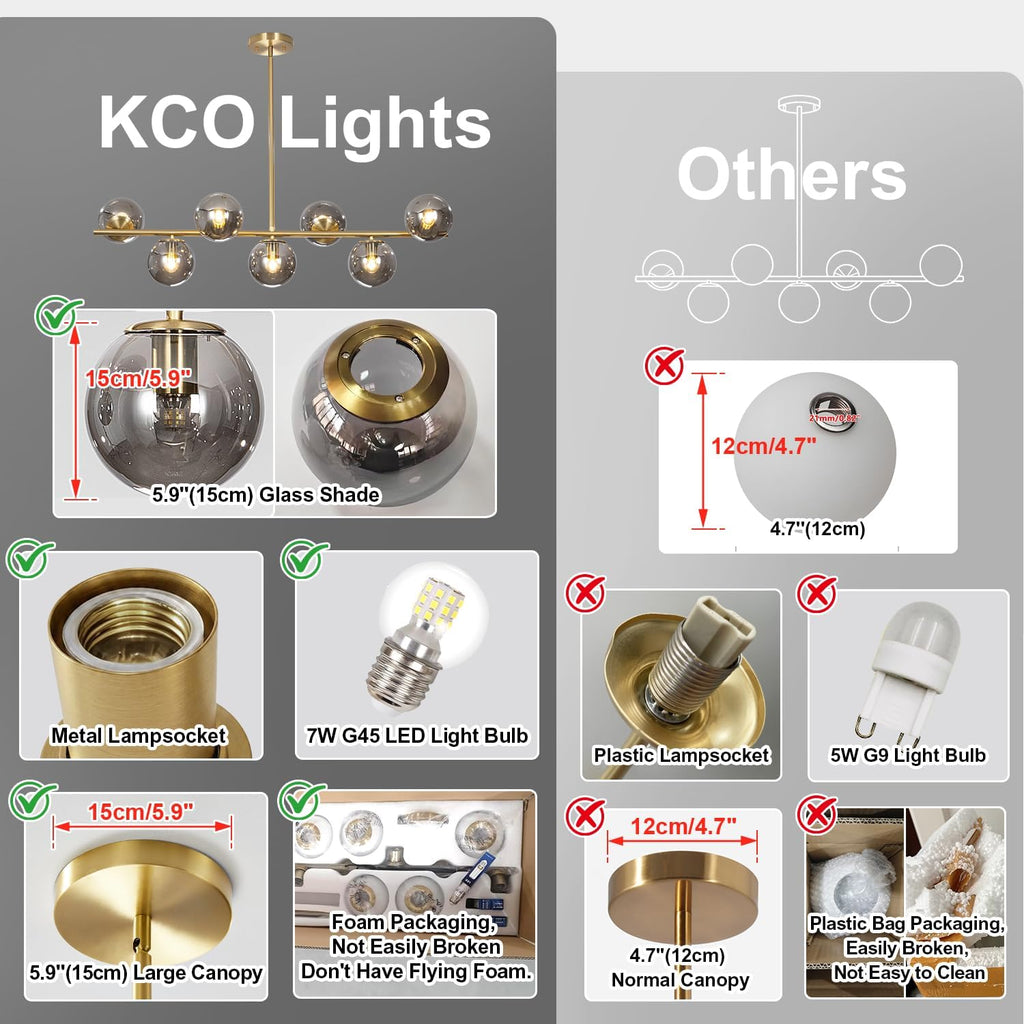 KCO Mid Century Modern 7 Light Brass Gold Linear Sputnik Chandelier | 31.5' Rod for Sloped Ceiling 7W 3000K E26 Bulb Included, Smoke Gray Glass Globe Pendant Light Fixture for Kitchen Dining Room