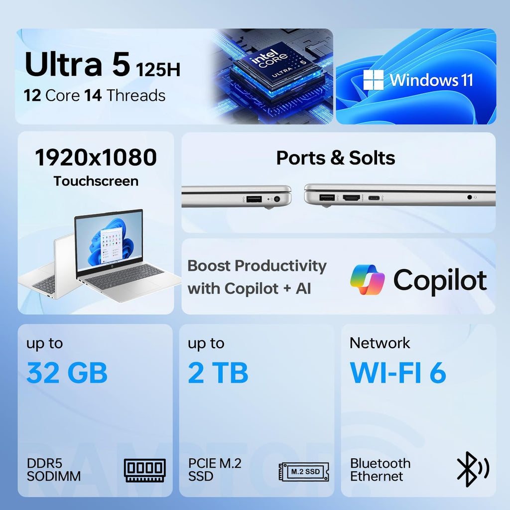 HP 15.6' Touchscreen Laptop, 14 cores Ultra 5 125H (Up to 4.5GHz, Beat i7-1360P) for Productivity, 16GB DDR5 RAM, 1TB SSD, FHD Win 11 Home for Home Office & Daily Use, Webcam, Bundle with PCO Cooler