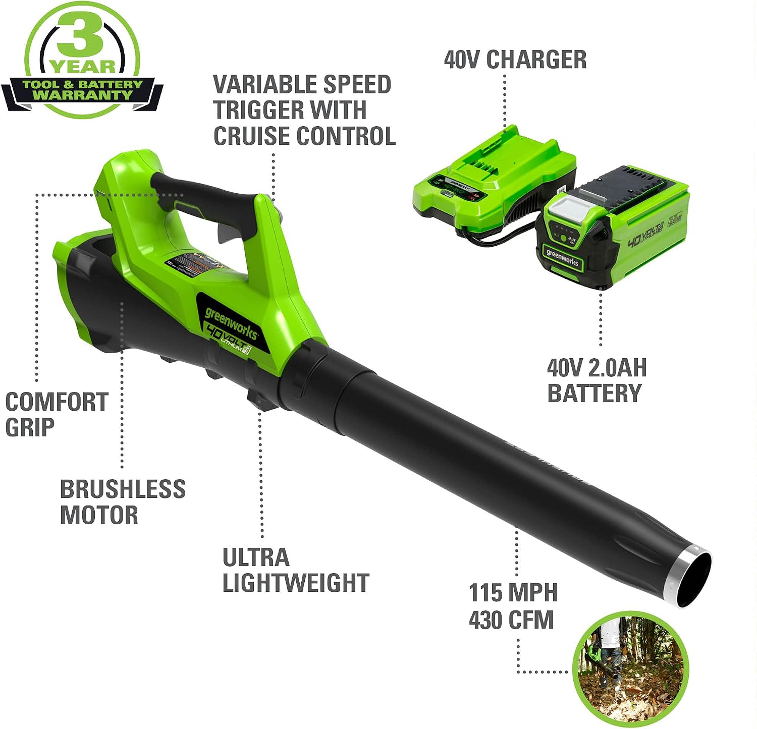 Greenworks 40V (115 MPH / 430 CFM) Brushless Axial Leaf Blower, 2.0Ah Battery and Charger Included