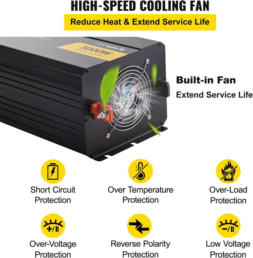 VEVOR Power Inverter, 5000W Modified Sine Wave Inverter, DC 12V to AC 120V Car Converter, with LCD Remote Controller, LED Indicator, AC Outlets Inverter for Truck RV Car Boat Travel Camping Emergency
