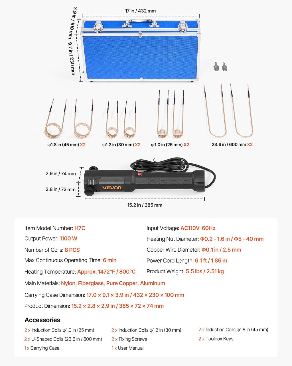 VEVOR Induction Heater Bolt Removal, 1100W 110V Magnetic Induction Heater Kit, Handheld Nut Buster Tool, Mini Heating Machine for Rusty Screw Removing, Car Garage Repairing Tools with 8 Coil and Box