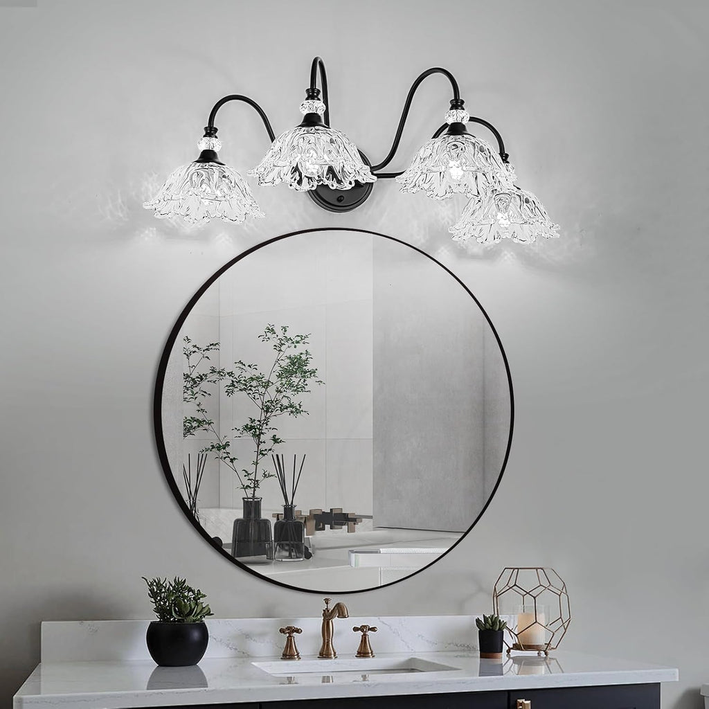 4-Light Matte Black Bathroom Vanity Light, Farmhouse Vanity Light with Floral Clear Glass Shades, Vintage Wall Mount Lighting for Bathroom