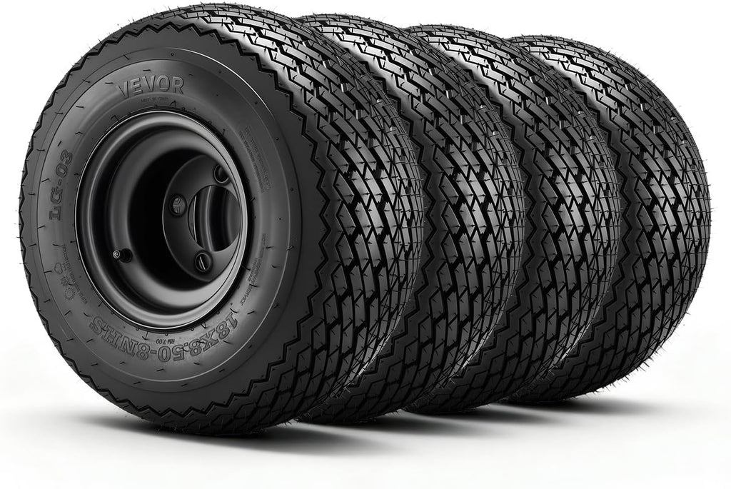 VEVOR Golf Cart Wheels, 8' 18x8.50-8 Black Steel Golf Cart Tires and Wheels Combo (Set of 4) Fit Club Car, EZGO, Yamaha, 4 Ply Rubber 4-Lug Lawn Mower Tires & Rims Assembly, 800 lbs Load, All-Terrain