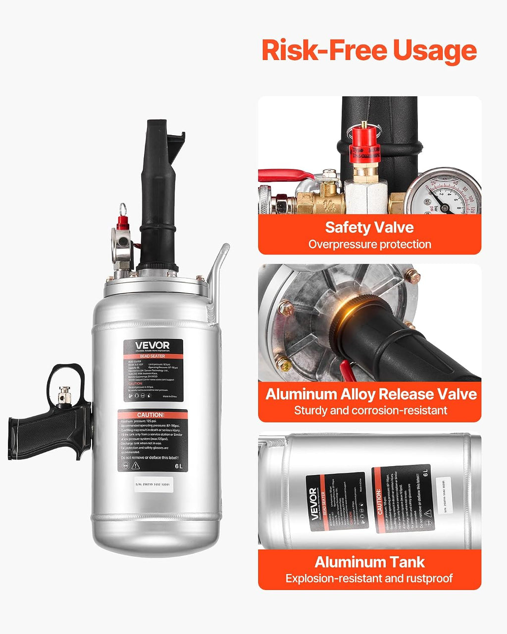 VEVOR Portable Tire Bead Seater, 1.6 Gal / 6 L Air Bead Blaster, Handheld Tire Inflator Tool, 87-116 PSI Operating Pressure, Trigger Seating Inflator for Car, Compact SUV, Light Truck, E-Bike, RV, ATV